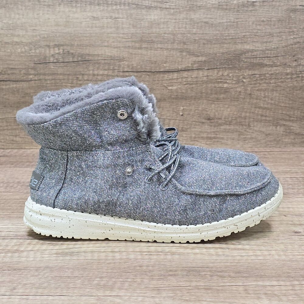 Hey Dude Britt Youth Women's Size 7 Gray Faux Fur Lace Up Comfort Shoes Boots